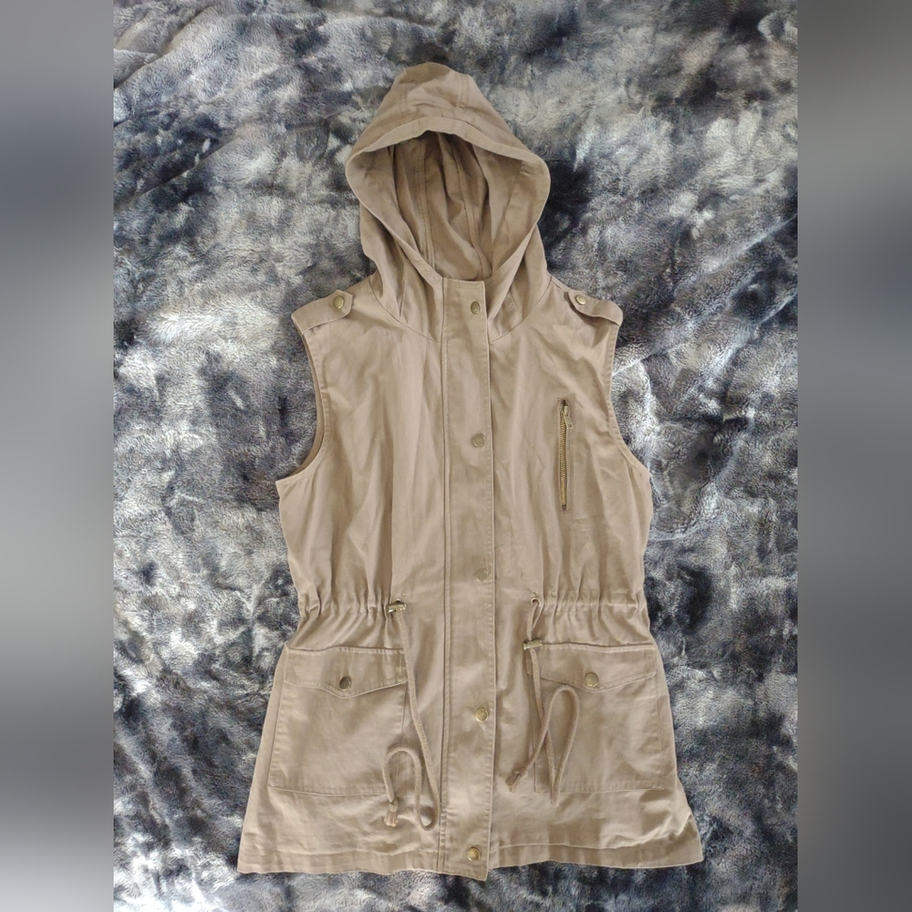 Boutique Zip Up Dressy Casual Fall Medium Vest Brown Tan Beige Pockets